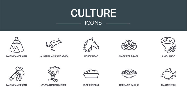 set of 10 outline web culture icons such as native american wigwam, australian kangaroo, horse head, mask for brazil carnival celebration, ajoblanco, native american tomahawk, coconuts palm tree of