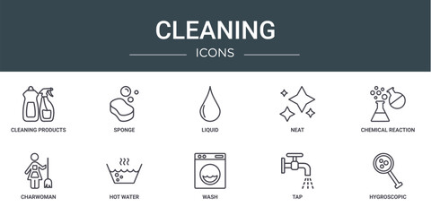 set of 10 outline web cleaning icons such as cleaning products, sponge, liquid, neat, chemical reaction, charwoman, hot water vector icons for report, presentation, diagram, web design, mobile app