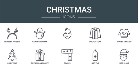 set of 10 outline web christmas icons such as reindeer antlers, happy snowman, , doctor coat, winter sweater, christmas, birthday and party vector icons for report, presentation, diagram, web