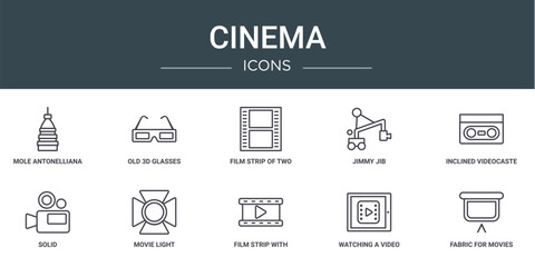 set of 10 outline web cinema icons such as mole antonelliana in turin, old 3d glasses, film strip of two photograms, jimmy jib, inclined videocaste, solid, movie light vector icons for report,