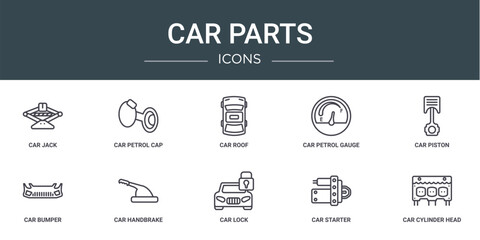 set of 10 outline web car parts icons such as car jack, car petrol cap, roof, petrol gauge, piston, bumper, handbrake vector icons for report, presentation, diagram, web design, mobile app
