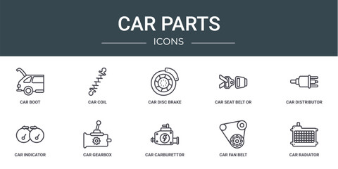 set of 10 outline web car parts icons such as car boot, car coil, disc brake, seat belt or safety belt, distributor, indicator, gearbox vector icons for report, presentation, diagram, web design,