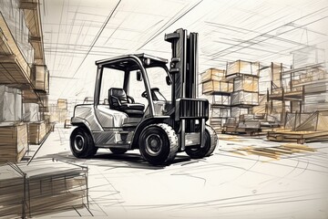 Sketch of forklift in warehouse. Generative AI - obrazy, fototapety, plakaty