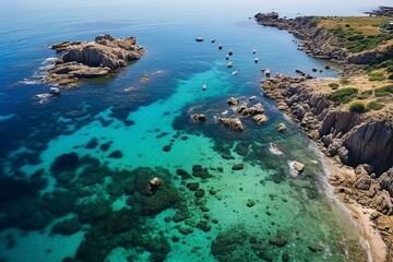 Aerial view of a beach and crystal-clear water at Vendicari Nature Reserve in Sicily's San Lorenzo. Stunning. Generative AI