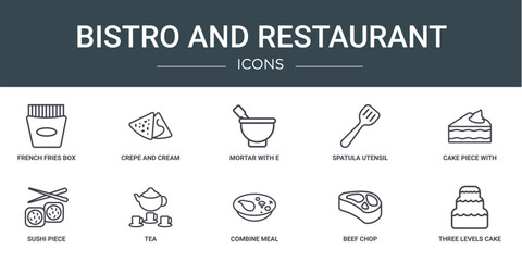 set of 10 outline web bistro and restaurant icons such as french fries box, crepe and cream, mortar with e, spatula utensil, cake piece with cream, sushi piece, tea vector icons for report,