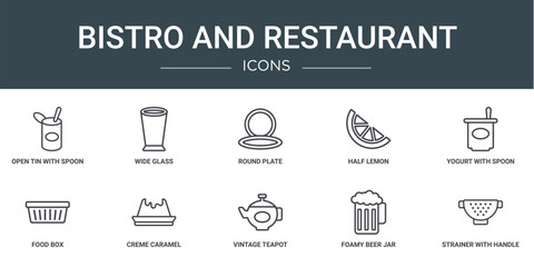 set of 10 outline web bistro and restaurant icons such as open tin with spoon, wide glass, round plate, half lemon, yogurt with spoon, food box, creme caramel vector icons for report, presentation,