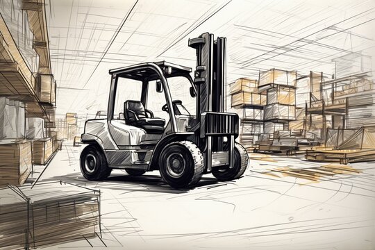 Sketch of forklift in warehouse. Generative AI