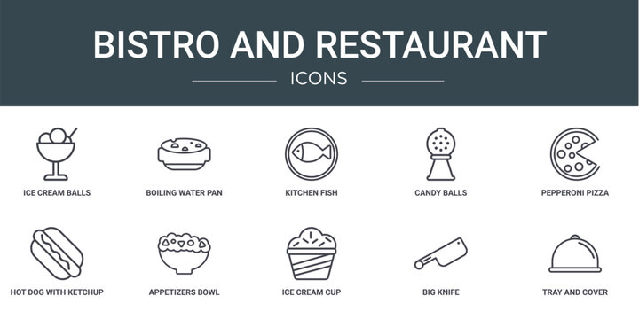 set of 10 outline web bistro and restaurant icons such as ice cream balls cup, boiling water pan, kitchen fish, candy balls, pepperoni pizza, hot dog with ketchup, appetizers bowl vector icons for