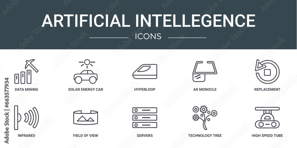 Poster set of 10 outline web artificial intellegence icons such as data mining, solar energy car, hyperloop
