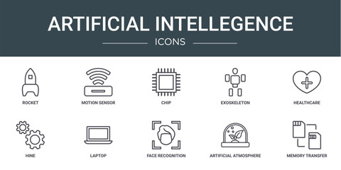 set of 10 outline web artificial intellegence icons such as rocket, motion sensor, chip, exoskeleton, healthcare, hine, laptop vector icons for report, presentation, diagram, web design, mobile app