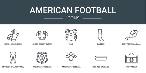 set of 10 outline web american football icons such as hand holding the ball, black t shirt cloth, pad, gaiters, fast football ball, trouser of a football player, american emblem vector icons for