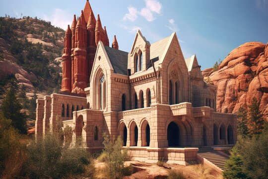 Imposing structure with Greek and Gothic revival elements in a red-orange granite canyon. Generative AI