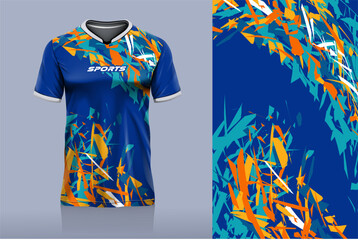 Tshirt mockup abstract grunge sport jersey design for football soccer, racing, esports, running, yellow orange blue color