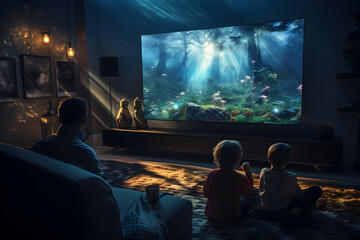 A dynamic shot capturing the cinematic experience from the viewer's perspective, with a 4K screen displaying a visually stunning movie scene. Showcase the immersive visuals of the home cinema system. - obrazy, fototapety, plakaty