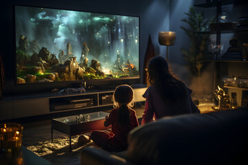 A dynamic shot capturing the cinematic experience from the viewer's perspective, with a 4K screen displaying a visually stunning movie scene. Showcase the immersive visuals of the home cinema system.