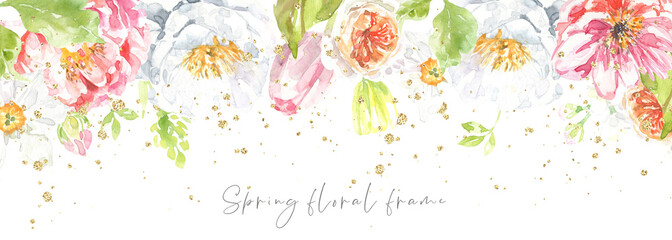 Spring  watercolor floral frame, botanical spring floral drop, flower arrangement, peony, tulip , gold glitter splashes, anemone,garden rose, wedding stationery card printable design. botanical frame,