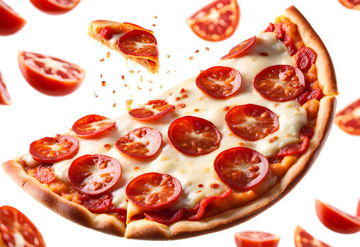 A piece of delicious pepperoni pizza on a white background, photo for advertising