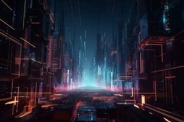 Futuristic metropolis with glitchy animations. Generative AI