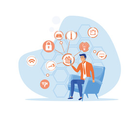 Bearded man sitting in a chair with a smartphone with smart home control function. flat vector modern illustration 