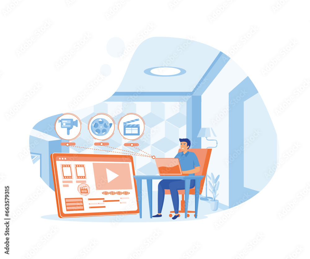 Poster motion designer animator working on computer creating animated video while sitting at desk. flat vec
