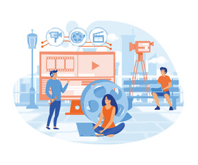 Motion design studio. Designers, animators, storytellers creating motion graphic content. flat vector modern illustration