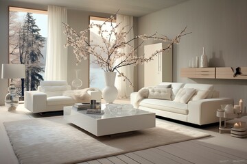 White furniture in bright living space with room for creative design ideas. Generative AI