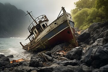 Wrecked vessel marooned on secluded island cliffs following a mishap. Generative AI
