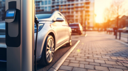 Fototapeta premium Electric car connected to charging station supplier. Charge battery. EV plug in. Transport innovation and technology concept. Generative Ai