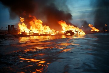 Metal pipes burning underwater after explosion on gas oil pipeline. Generative AI