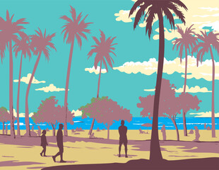 WPA poster art of beachcombers in Waikiki Beach located in Honolulu County in the island of Oahu, Hawaii USA in done in works project administration style or federal art project style.  © Redwater Vectors