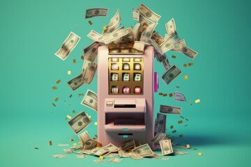 A slot machine in the form of an ATM ejects money. Dark turquoise and light pink.
