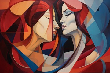 Abstract painting of two women's faces with abstract red and blue colors.  Cubist deconstruction and Neo-mosaic.
