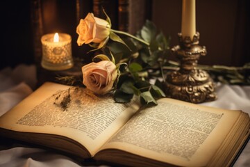 An open book placed next to a candle, with roses on top. Emotional imagery.