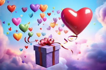 An image of a colorful gift box with a love-themed balloon soaring in the sky, accompanied by a cheerful Valentine's Day banner. Generative AI