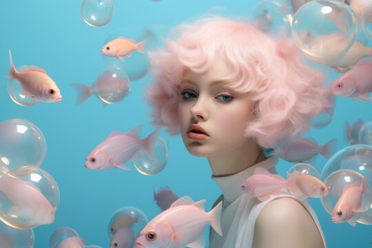 An image of a girl surrounded by bubbles and pink fish. Rococo pastel colors.