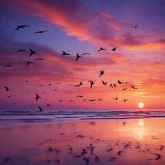 birds flying in the sunset, Generative AI