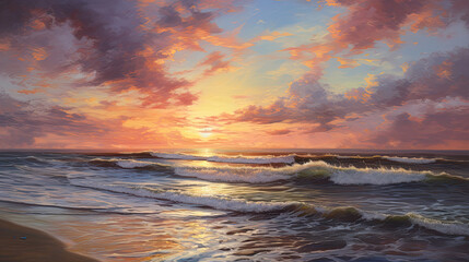 a painting of a sunset over the ocean with waves crashing on the shore and clouds in the sky over the ocean and the beach area