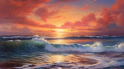 Fototapeta na wymiar a painting of a sunset over the ocean with waves crashing on the shore and clouds in the sky over the ocean and the beach area