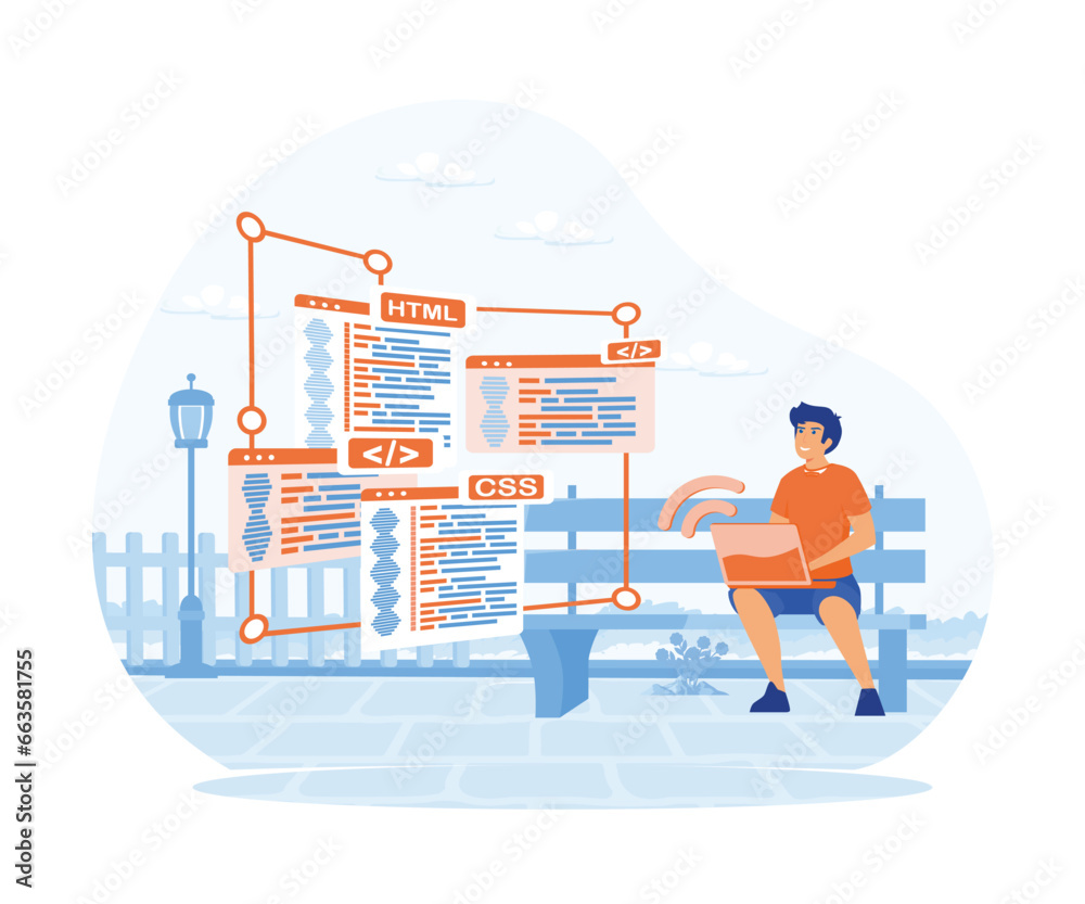 Poster programmer cartoon character developing website, coding. flat vector modern illustration