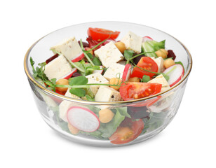Bowl of tasty salad with tofu and vegetables isolated on white