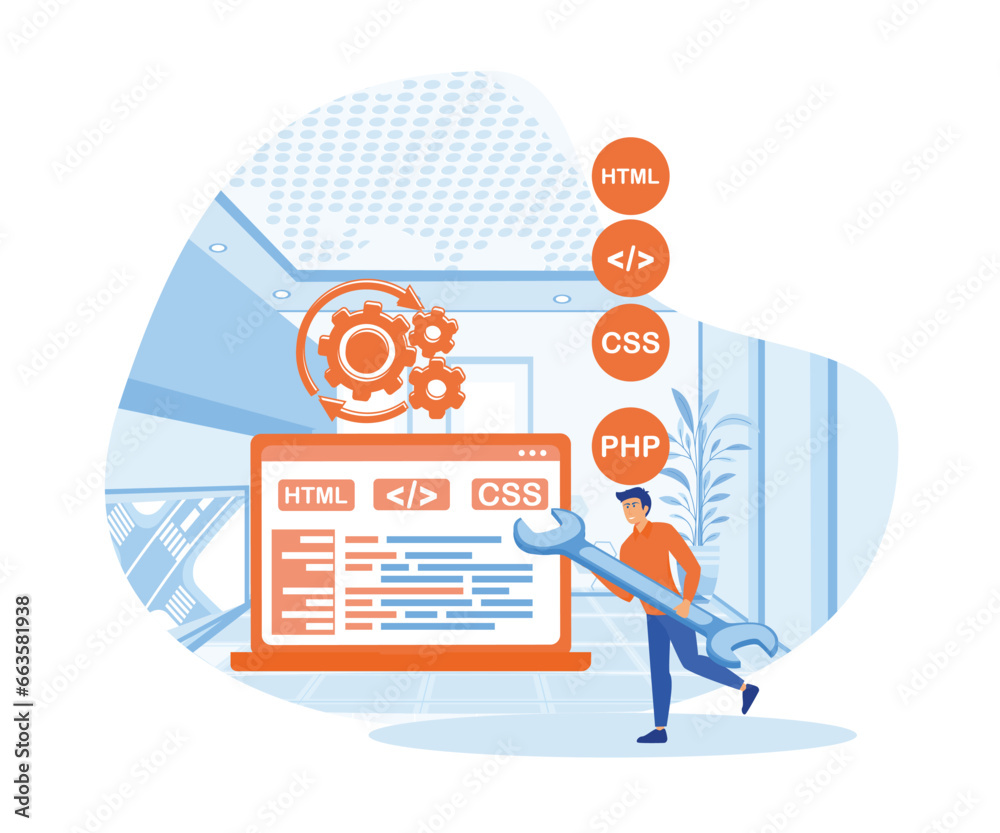 Poster programmer cartoon character developing website, coding. flat vector modern illustration