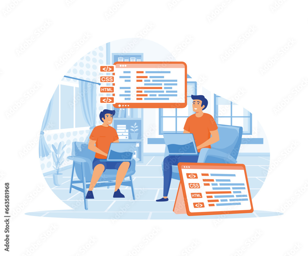 Wall mural programmer working in a software develop company office in a team work. flat vector modern illustrat