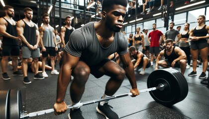 Photo capturing an African-American man amidst a bustling gym environment, maintaining perfect concentration as he executes a flawless deadlift.