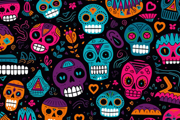 Skulls or other macabre motifs quirky doodle pattern, wallpaper, background, cartoon, vector, whimsical Illustration