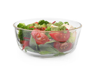 Delicious salad with pesto sauce in bowl isolated on white