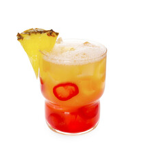 Spicy pineapple cocktail with chili pepper and ice cubes isolated on white