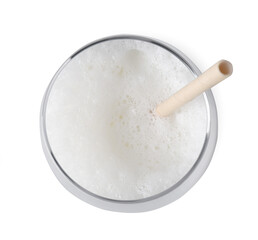 Glass of fresh milk with straw isolated on white, top view