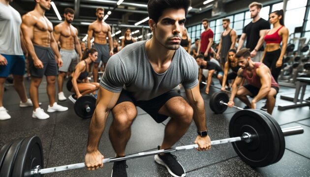 Photo of a Hispanic man surrounded by active gym-goers, but staying singularly focused as he completes a deadlift with impeccable form.