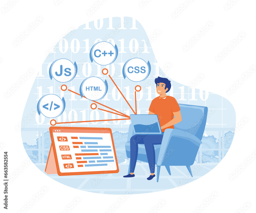 Poster software engineer sit in chair working on laptop use programming language code with flat cartoon sty