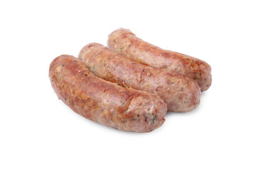 Three tasty homemade sausages isolated on white